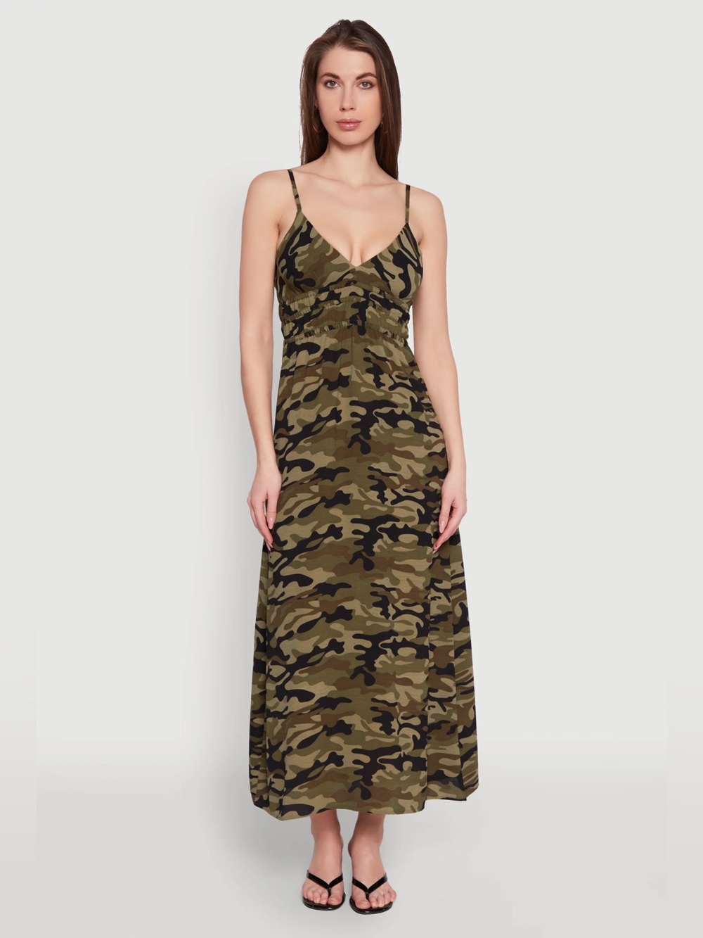 Camo Print V-Neck Maxi Dress - Olive Green